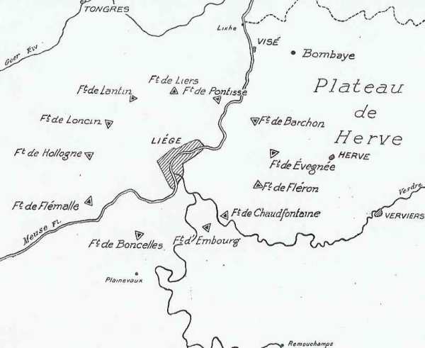 Carte des positions fortifiées autour de Liège en 1914
